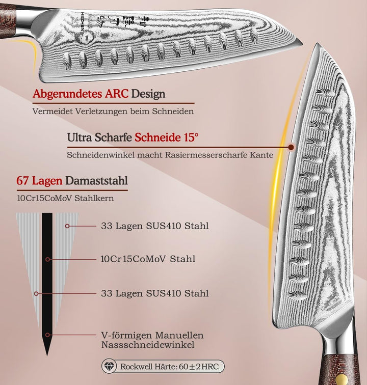 HEZHEN Santokumesser im Japanischen Stil，Echter Damaststahl Kochmesser mit Holzmesserscheide, Chines