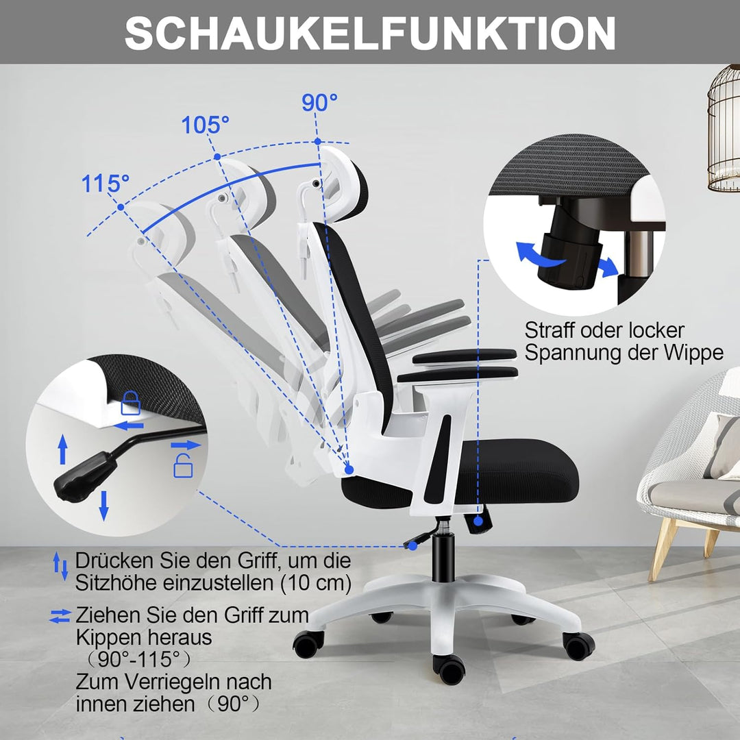 LEVIPE Ergonomischer Bürostuhl mit Lendenwirbelstütze, verstellbare Rückenlehne und Kopfstütze, vers
