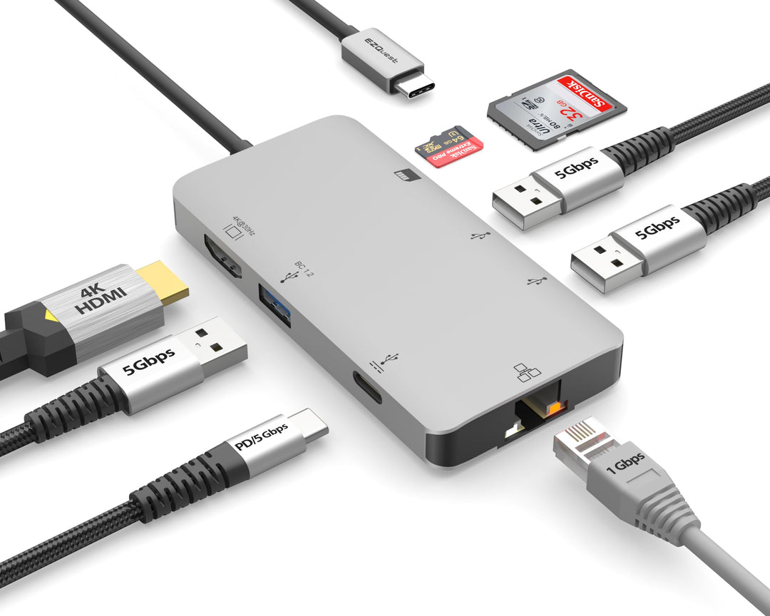 EZQuest USB-C Multimedia Hub Adapter 8 Anschlüsse (HDMI 4K 30Hz, 100W USB-C PD 3.0, Gigabit Ethernet