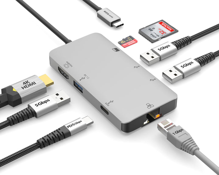EZQuest USB-C Multimedia Hub Adapter 8 Anschlüsse (HDMI 4K 30Hz, 100W USB-C PD 3.0, Gigabit Ethernet