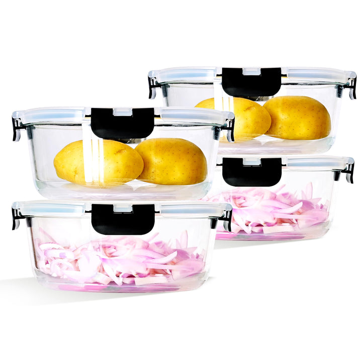 1300ml Frischhaltedosen Glas mit Deckel 4er, Rund Meal Prep Boxen Glas mit Deckel, Versiegelter Glas