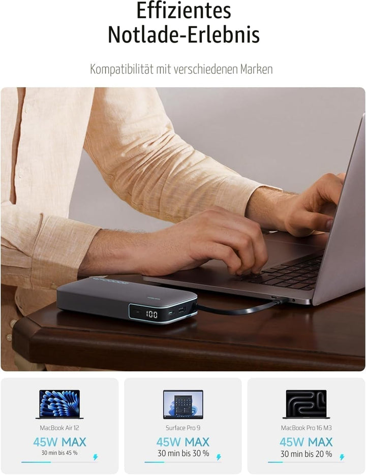 CUKTECH Power Bank, Powerbank 20000mah 45W mit integriertem USB-C Kabel, Powerbank Schnellladefunkti