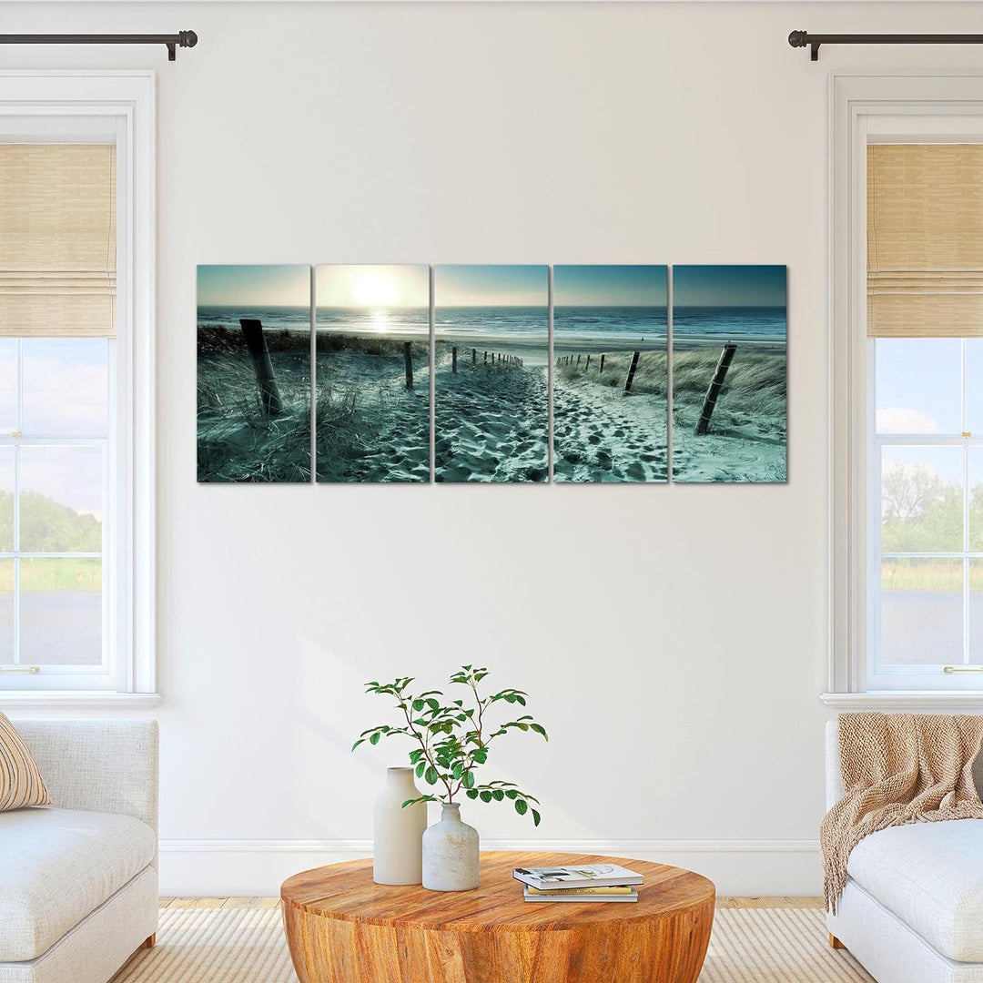 Runa Art Wandbild XXL Strand Sonnenuntergang Schlafzimmer Wohnzimmer 200 x 80 cm Türkis Grau 5 Teili