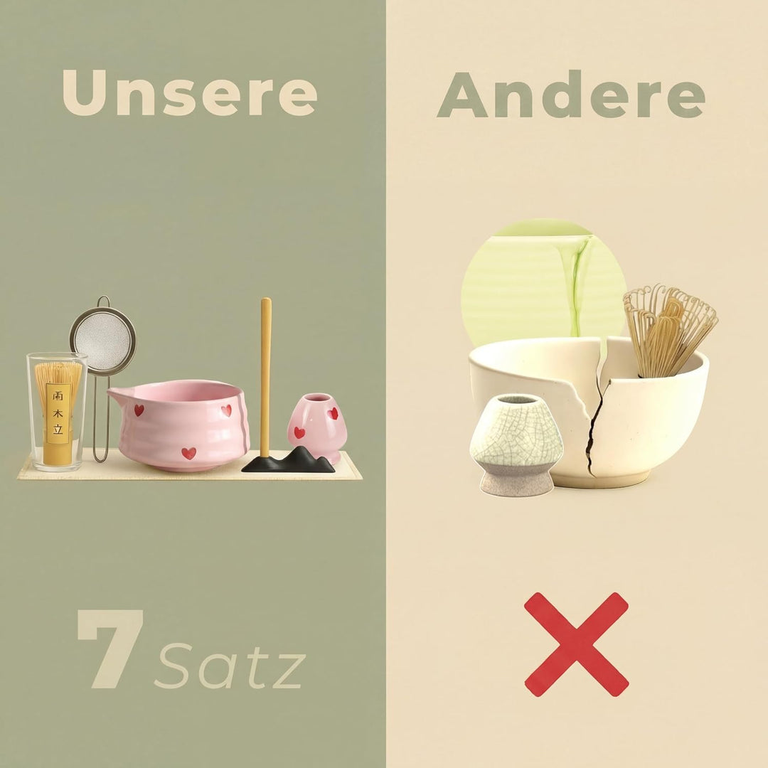 Matcha Set 7-teilig – Premium Tee Set mit Keramik Matcha Schale, Bambus Schneebesen (Chasen), Sieb &amp;