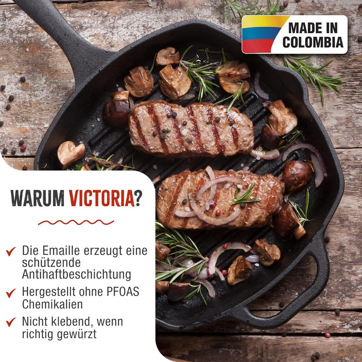 VICTORIA Grillpfanne Emaillierte Gusseisen Induktion 25x25cm Bratpfanne Geeignet für Feuer, Grill, B