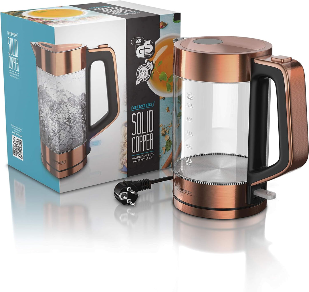 Arendo - Glas Wasserkocher Edelstahl - 1,7 Liter - 2200W - Cool Touch Griff - One Touch Verschluss -