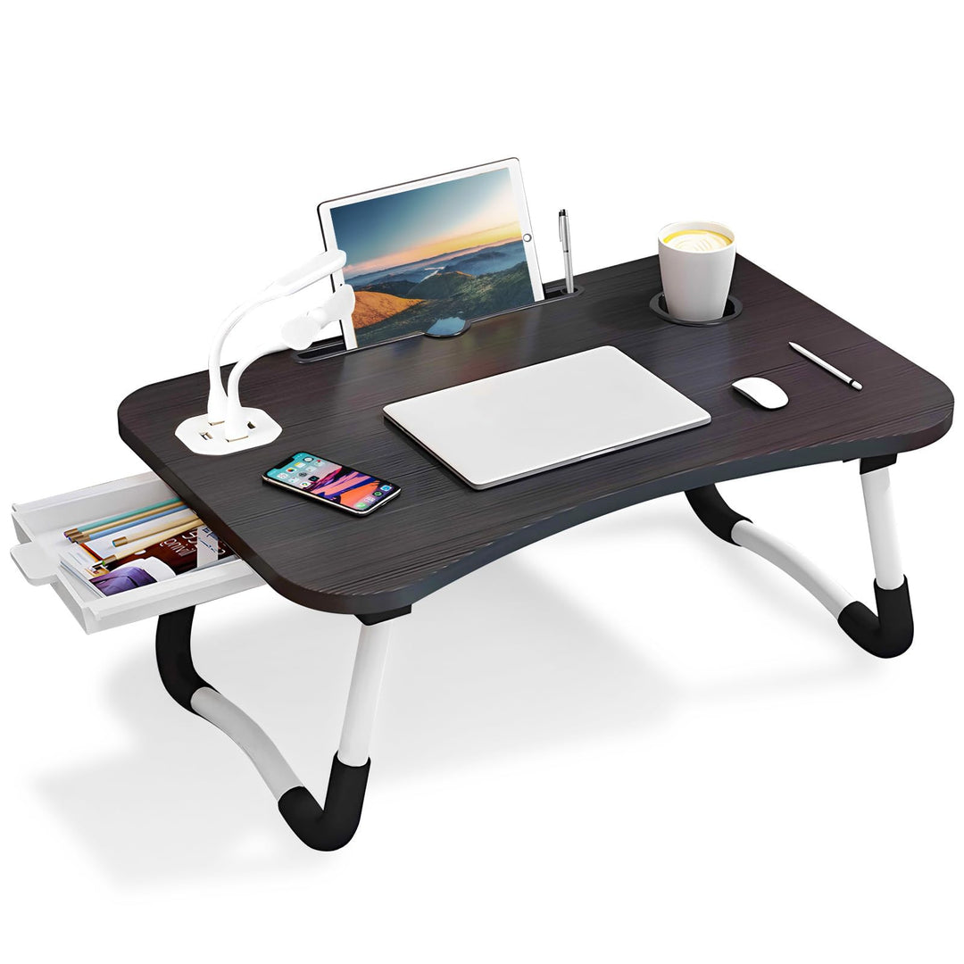 Warmiehomy Laptoptisch fürs Bett, Tragbarer Tablettisch mit klappbaren Beinen & Getränkehalter, Falt