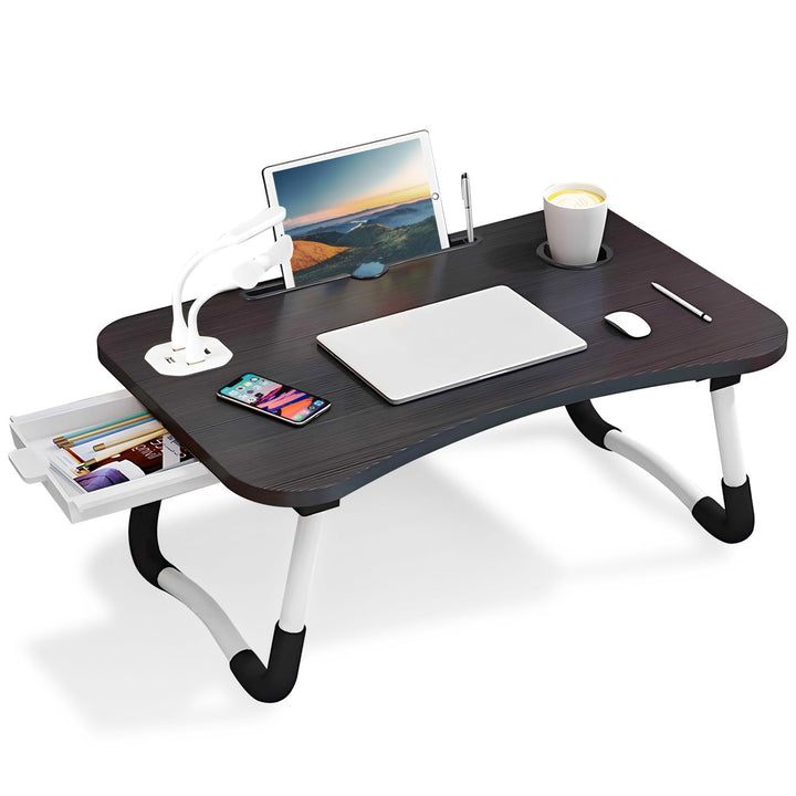 Warmiehomy Laptoptisch fürs Bett, Tragbarer Tablettisch mit klappbaren Beinen & Getränkehalter, Falt