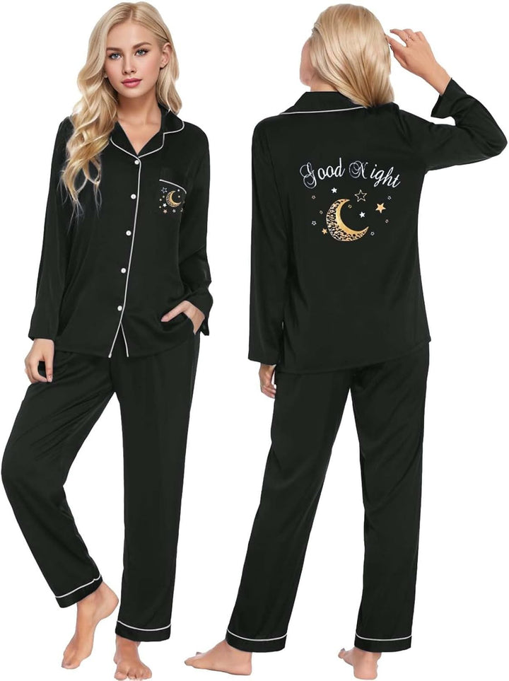 Damen Pyjama Satin Schlafanzug Set,Damen Seidensatin Pyjama Set 2Pcs Langarmhose Chinesischer Stil N