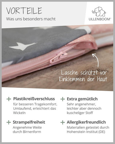 ULLENBOOM Sommerschlafsack Baby Rosa Grau (Made in EU) - Aus OEKO-TEX Materialien - 0,5 TOG, Schlafs