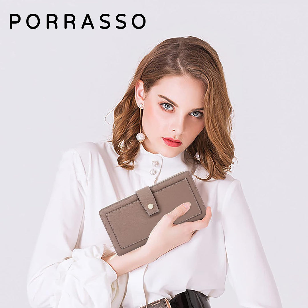 PORRASSO Geldbörse Damen Portemonnaie Leder Geldbeutel Kreditkartenetui Wristlet Bag mit Viele Fäche