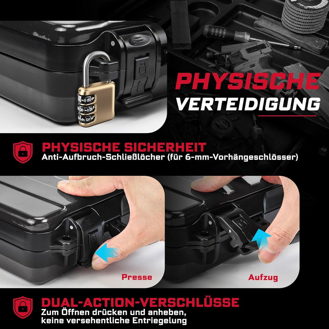 Schwarzer Werkzeugkasten, Tragbarer, Robuster Werkzeugkoffer aus Stahl mit Sicherheitsverschluss und