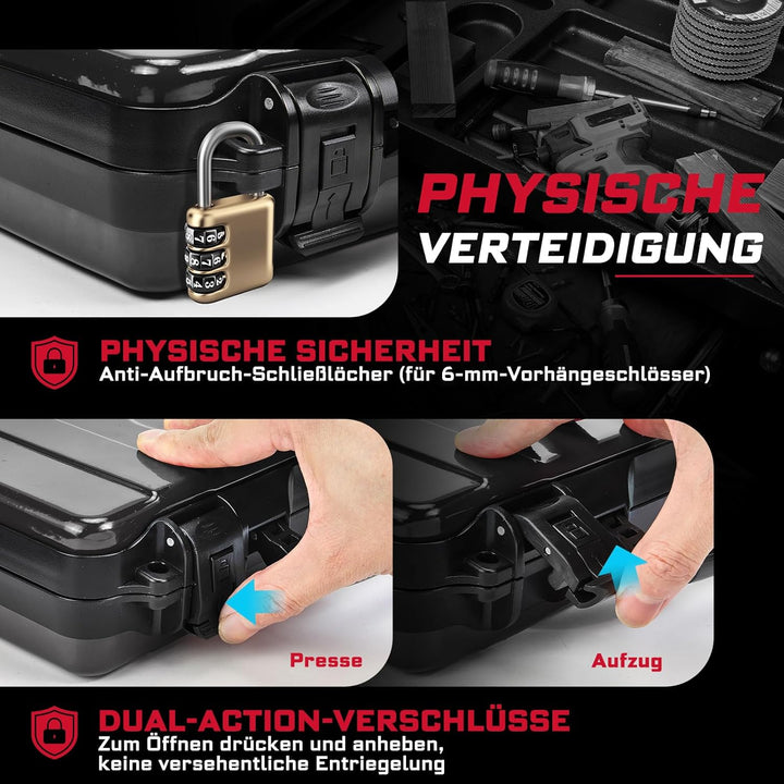 Schwarzer Werkzeugkasten, Tragbarer, Robuster Werkzeugkoffer aus Stahl mit Sicherheitsverschluss und