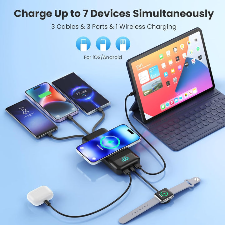Wireless Power Bank 26800mAh mit 3 Kabel, 7 in 1 25W PD3.0+QC4.0 Schnellladen USB C Powerbank, 6 Aus