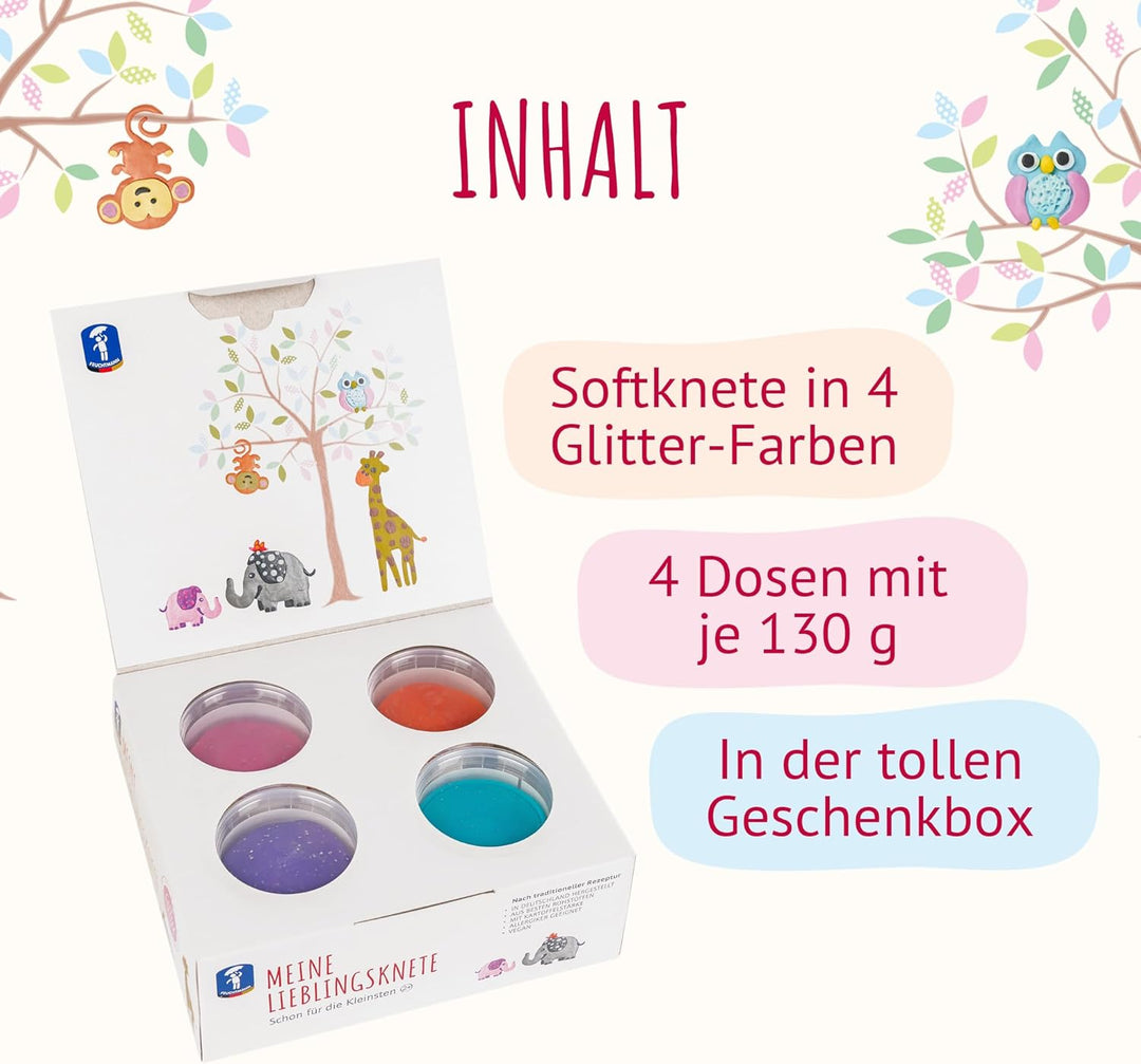 Feuchtmann MEINE LIEBLINGSKNETE Glitter Edition - Knetset 4 x 130g, vegane glutenfreie Knete, Kinder