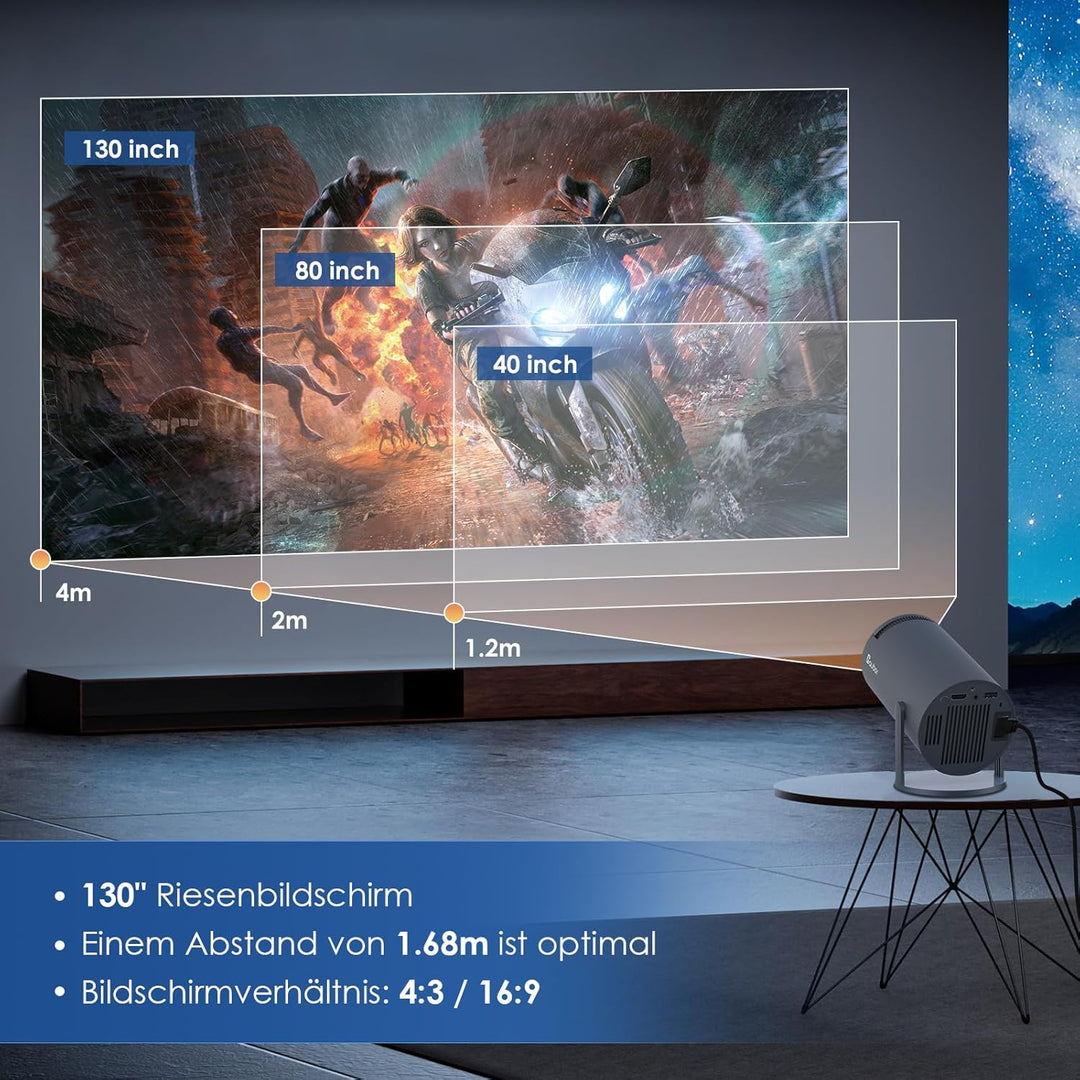 HIPPUS Mini Smart Beamer 4K Android OS 11.0 Full HD 1080P 180°Dreh Portable Projector klein Videopro