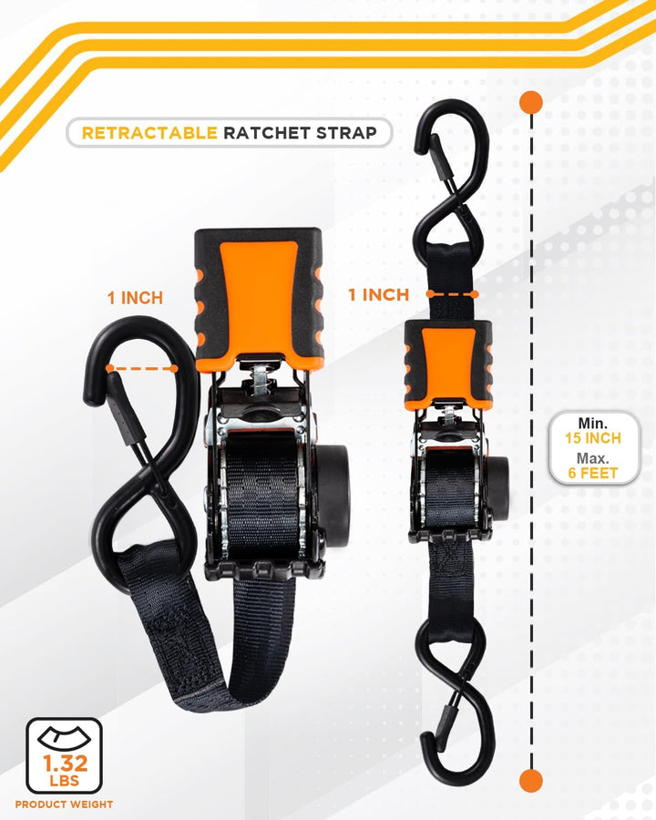 Strapinno 4 Stück einziehbare Ratschengurte, 2,5 cm x 1,8 m, sichere Spanngurte mit gummierten Stahl