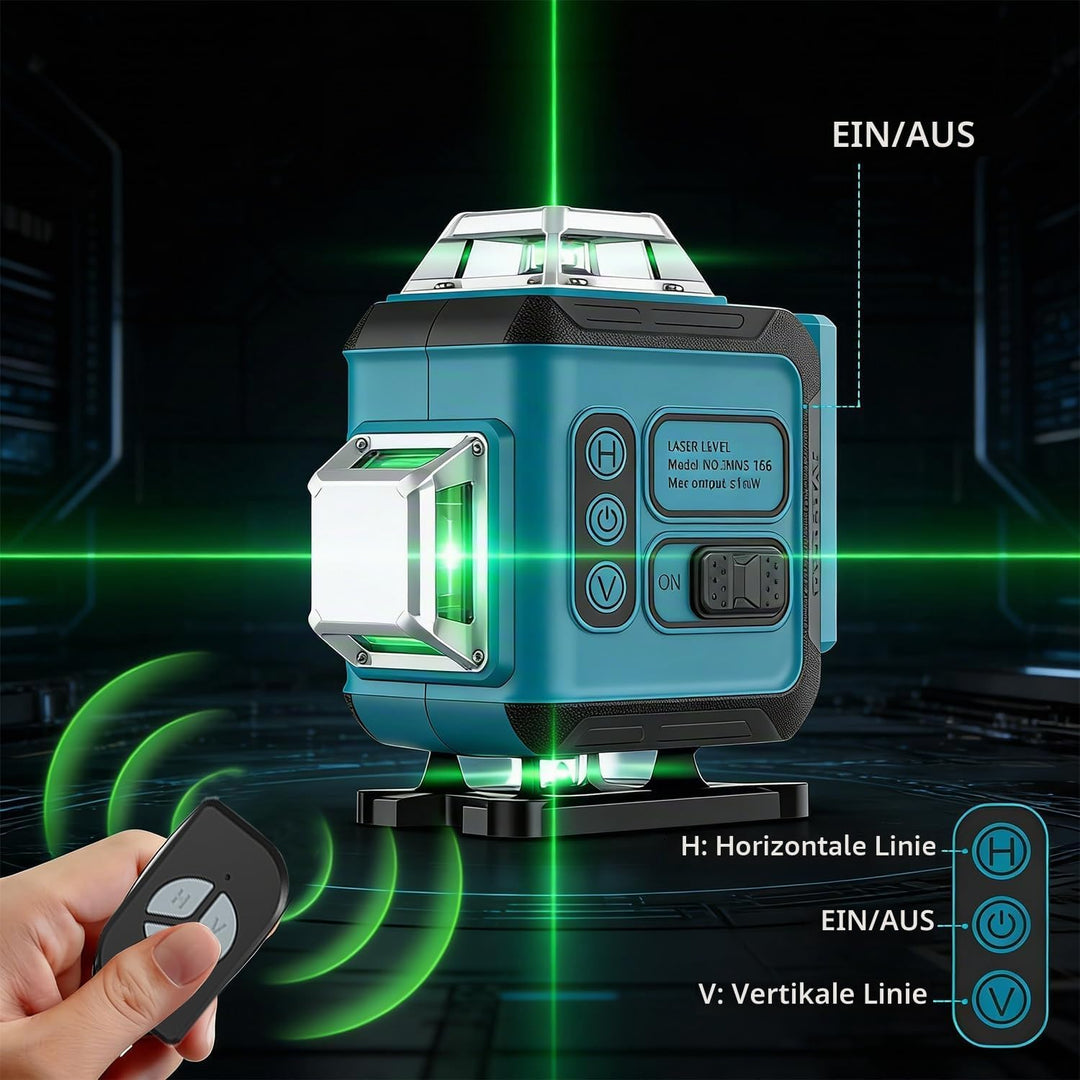 KARZU 16 Linien Kreuzlinienlaser Grün 4x360° – Ultra-stabiles Profi-Gehäuse, Selbstnivellierend, 2x