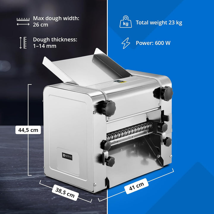 Royal Catering Elektrische Nudelmaschine 26 cm 600 W 1 bis 14 mm Teigstärke Teigausrollmaschine Past