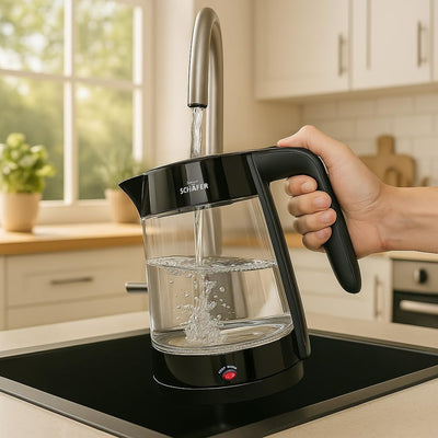 Teekocher Wasserkocher Edelstahl - Schwarz Glänzend - mit Teesieb Abschaltautomatik und Warmhaltefun