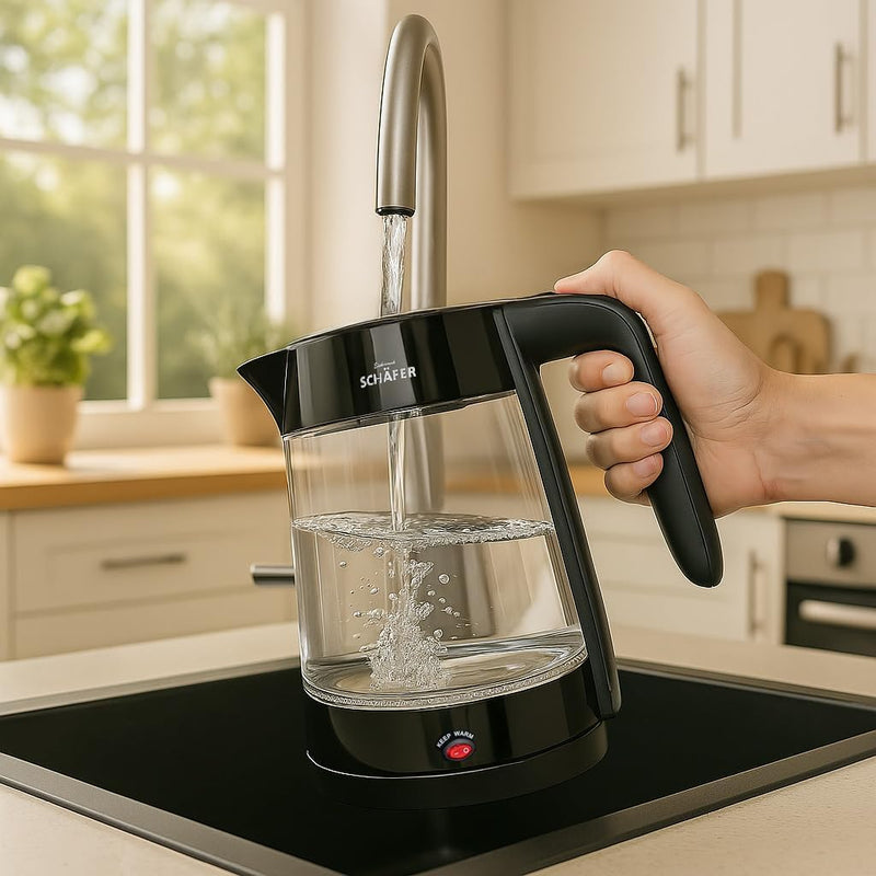 Teekocher Wasserkocher Edelstahl - Schwarz Glänzend - mit Teesieb Abschaltautomatik und Warmhaltefun
