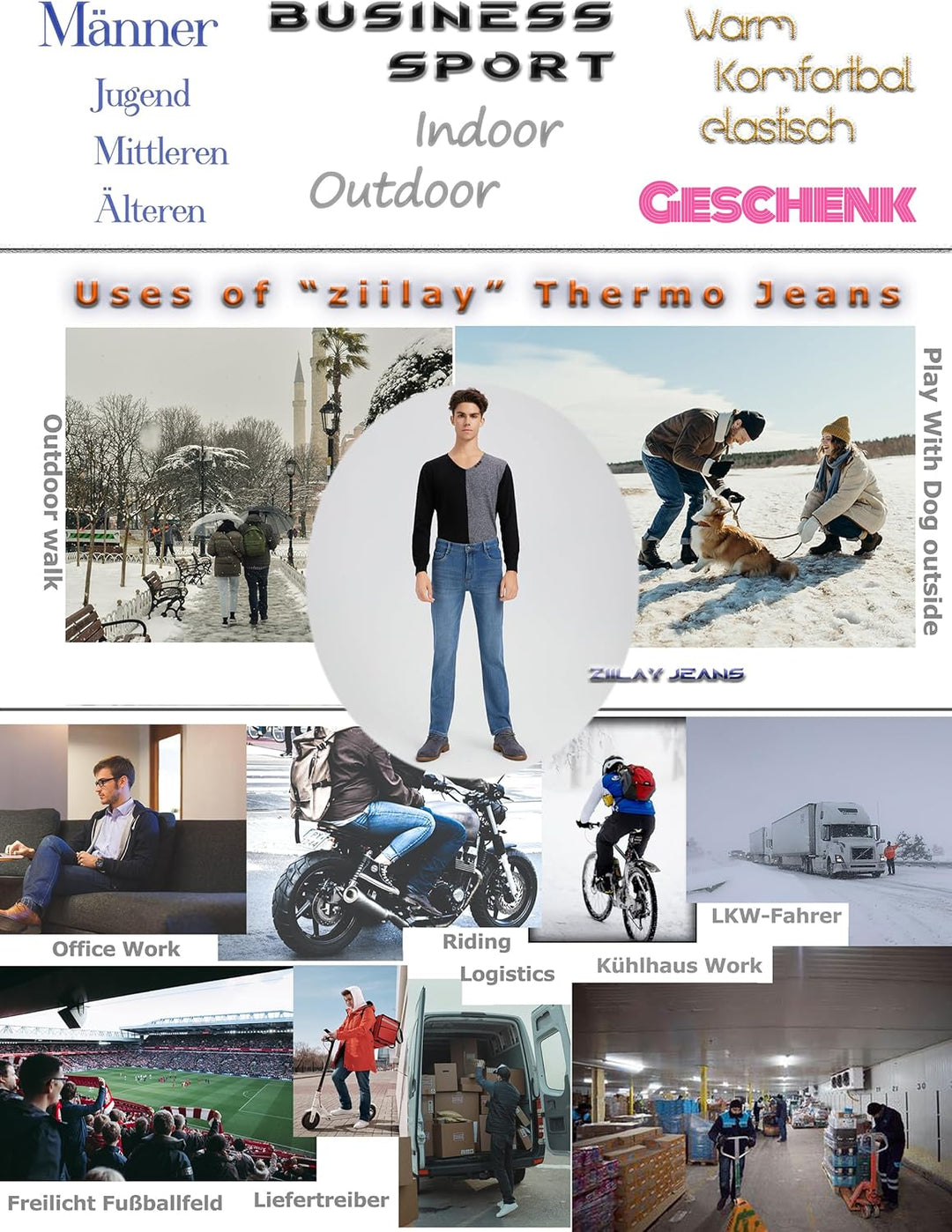 Thermojeans Herren Thermohose Schneehose gefütterte Winterhose Winterjeans mit Fleece gefüttert Hose
