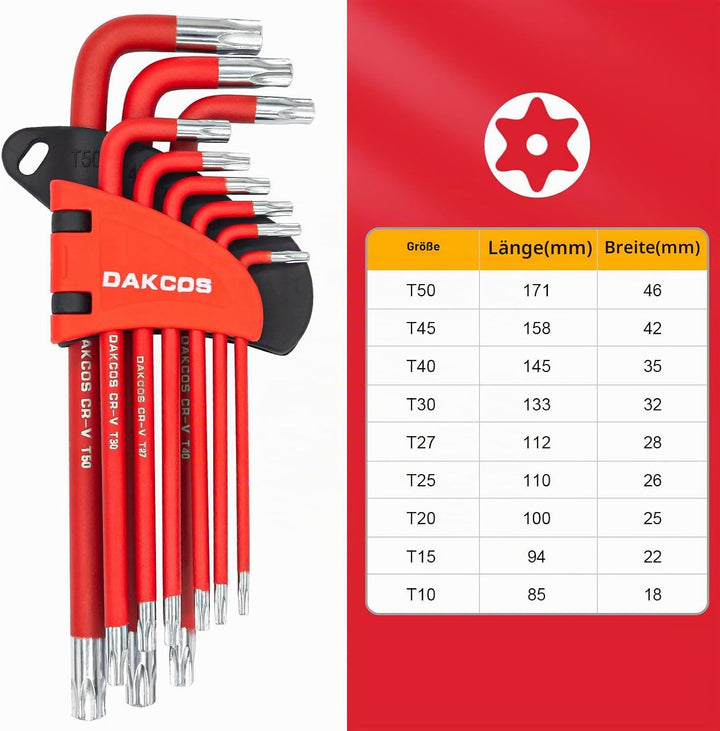 DAKCOS 18 tlg Torx Innensechskantschlüssel mit Griff TX &amp; HX Winkelschlüssel | T10-T50 &amp; 1,5mm-10mm