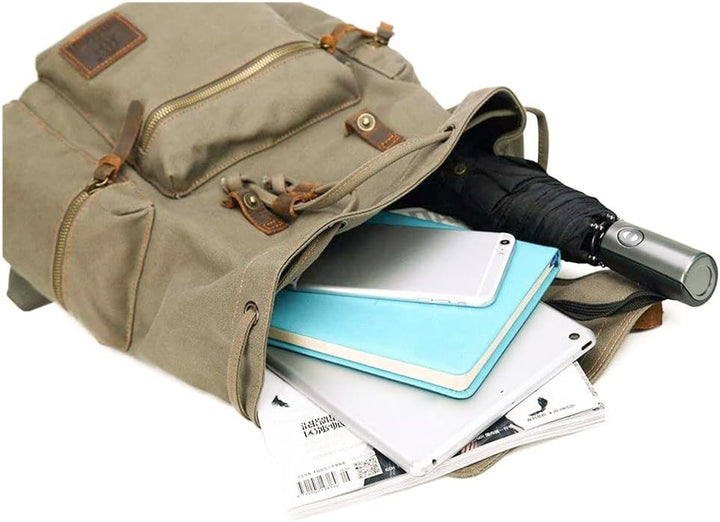 Retro Segeltuch Rucksack, Canvas Vintage Rucksack Laptop Daypack Schulrucksack Reisetasche Lederruck