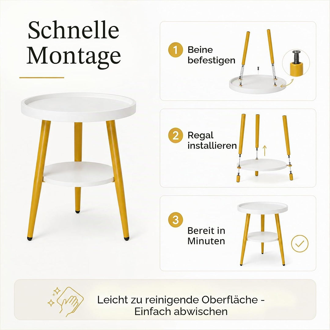 Beistelltisch Rund, Couchtisch Klein mit 2 Ablagen, Kleiner Runder Tisch Einfach zu Montieren (H48X