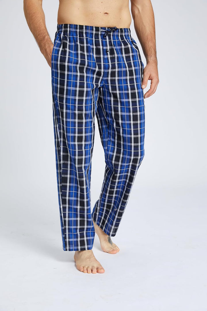 Herren 100% Baumwolle Pyjamahose, Gewebte kariert Schlafhose Loungewear Pyjama Hose mit Taschen, Bla