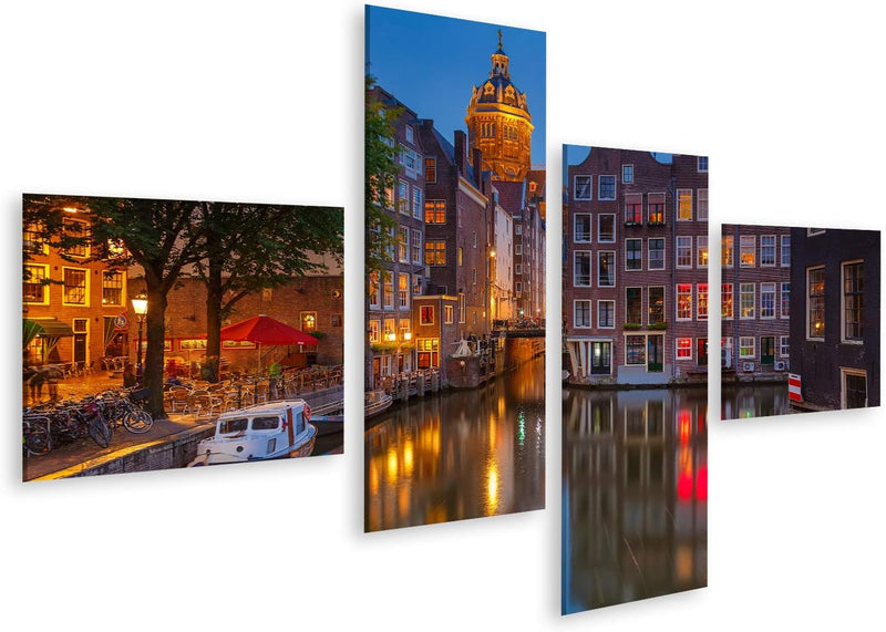 islandburner Bild auf Leinwand Amsterdam Nacht Beleuchtet Bilder Wandbilder Poster Leinwand 150x80cm