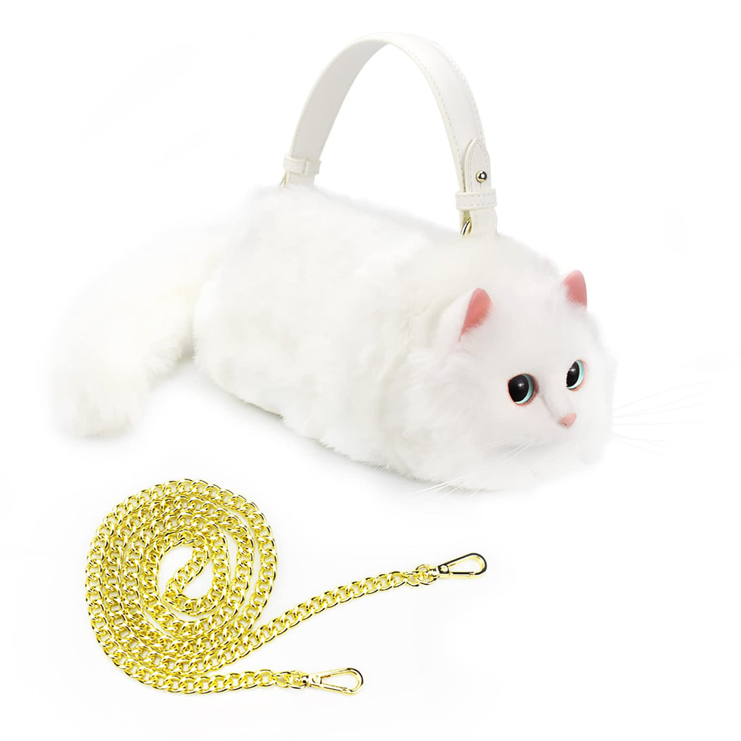 HUIJUFU Realistische Puffy-Plüsch-Katzentasche in Form einer Umhängetasche für Frauen (Weisse Katze)