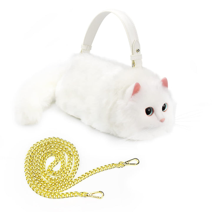 HUIJUFU Realistische Puffy-Plüsch-Katzentasche in Form einer Umhängetasche für Frauen (Weisse Katze)