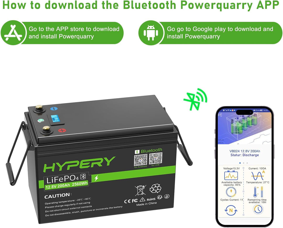 HYPERY LiFePO4 Akku, Smart 12V 200AH Lithium Batterie mit Bluetooth zur Überwachung der Batterie SOC