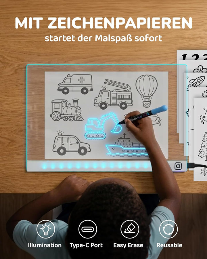 KOKODI LED Zeichentafel für Kinder, leuchtendes Malbrett 37x27 cm mit 7 Stiften, USB-C, kreatives Le
