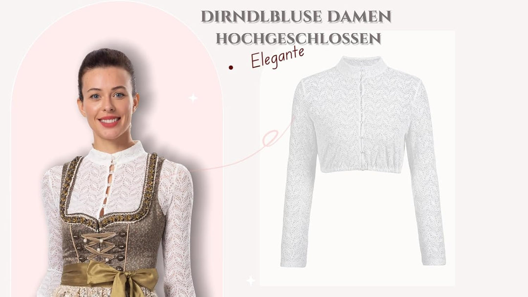 Dirndlwelle Spitze Dirndlbluse Langarm Dirndlbluse Damen Trachtenbluse Creme Dirndl Bluse Hochgeschl