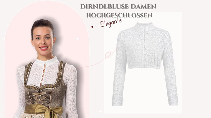 Dirndlwelle Spitze Dirndlbluse Langarm Dirndlbluse Damen Trachtenbluse Creme Dirndl Bluse Hochgeschl