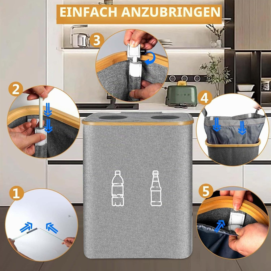 Pfandflaschen Sammelbehälter 2 Fächer, 160L Pfandflaschen Behälter mit 4 Tragetaschen, Grosse Aufbew