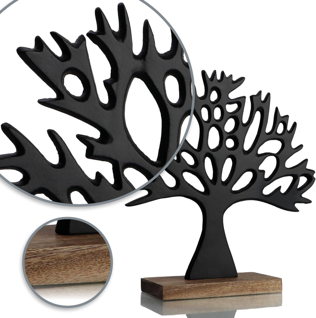 com-four® Deko-Aufsteller Baum - Metall-Baum auf Mangoholz-Sockel - Deko-Baum aus Metall zum Hinstel