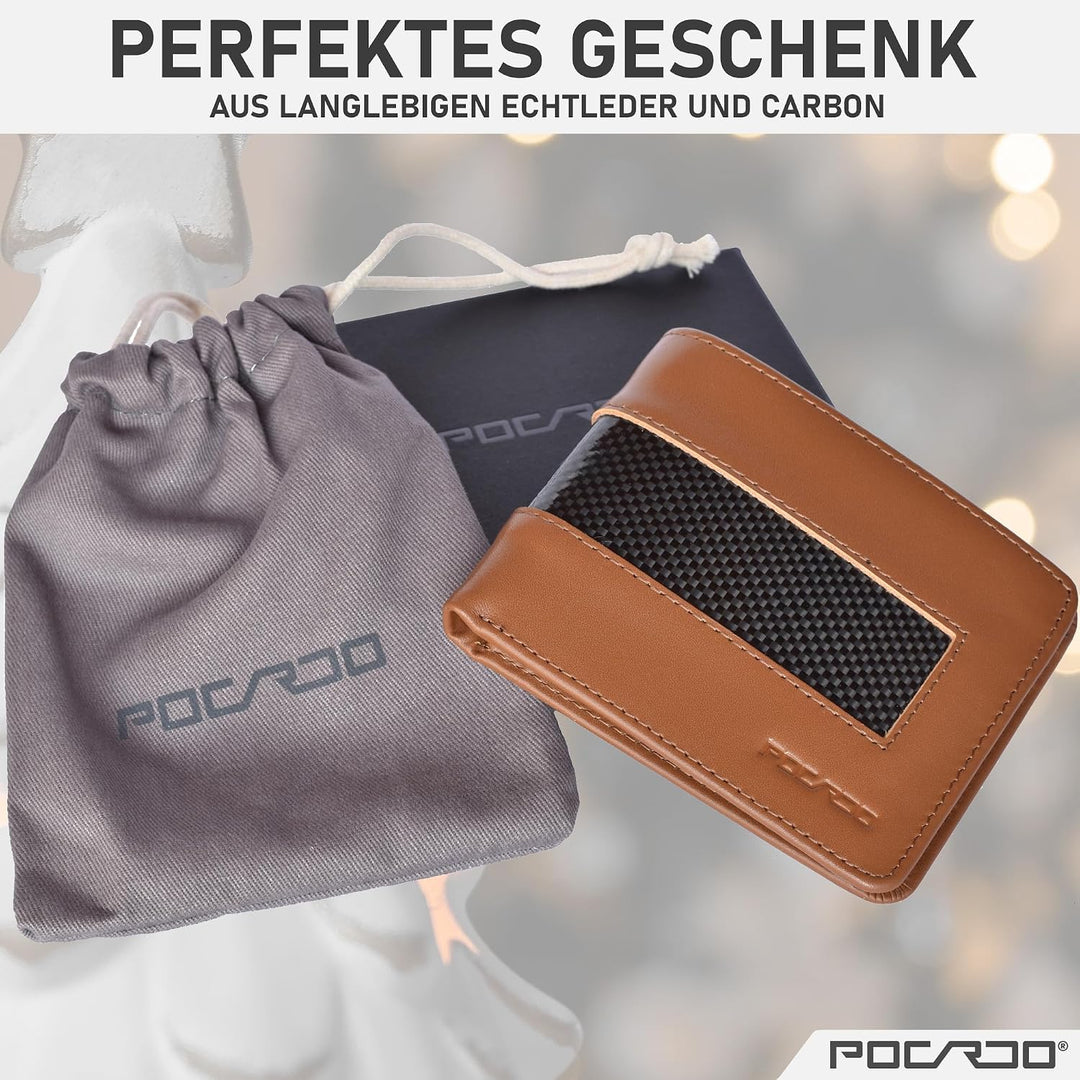 POCARDO Stripe Kompakte Herren Geldbörse aus Leder &amp; Carbon - Exklusives Portemonnaie für Männer - S