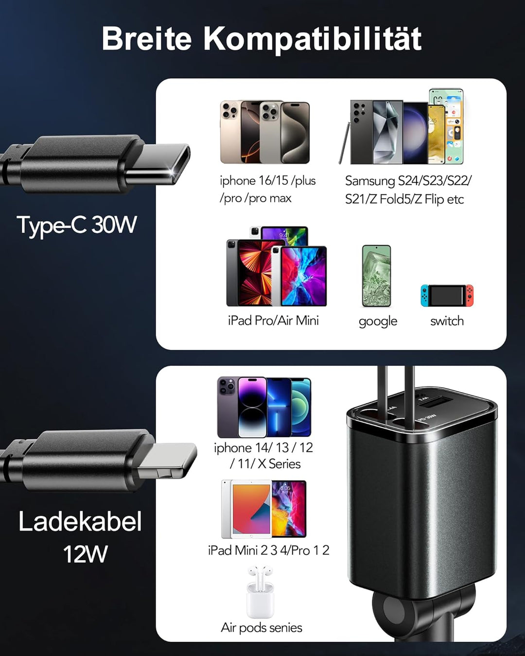 Aimtel Einziehbares Auto Ladegerät Zigarettenanzünder USB C KFZ Ladegerät Handy Ladegerät Auto Kompa