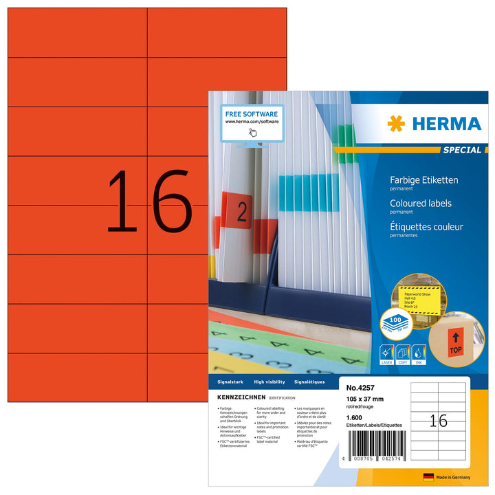 HERMA 4257 Farbige Etiketten rot, 100 Blatt, 105 x 37 mm, 16 Stück pro A4 Bogen, 1600 Aufkleber, sel