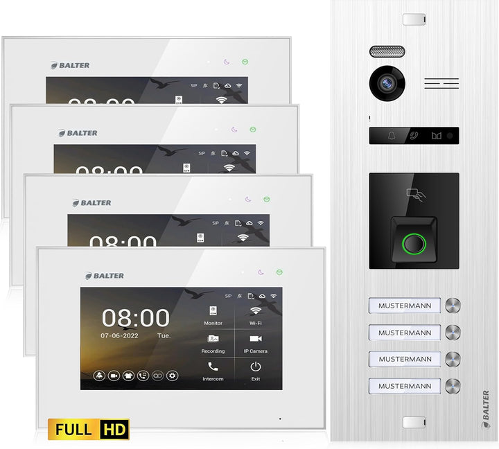 Balter EVO-HD Video Türsprechanlage mit Fingerprint, Video Türklingel, 4 Familienhaus, 3X 7 Zoll Mon