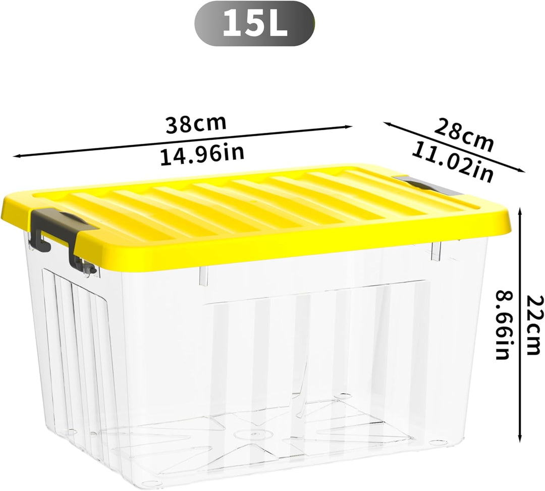 Cetomo 15L*3 Kunststoff-Aufbewahrungsbox Transparent mit langlebigen gelben Deckel und Sicherheitsve