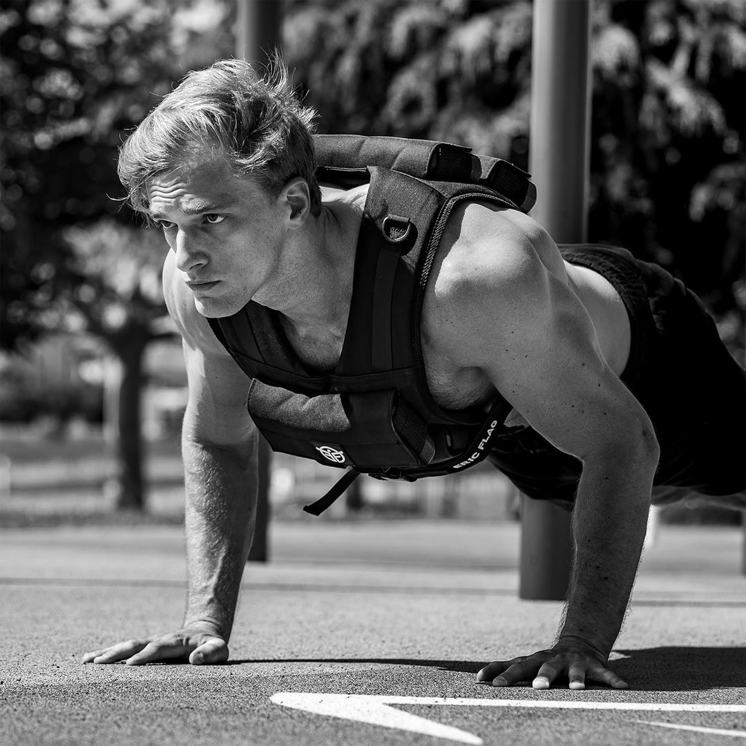 Eric Flag - Gewichtsweste 20kg oder 10kg, Herausnehmbare Metall-Gewichte, Verstellbare Trainingswest