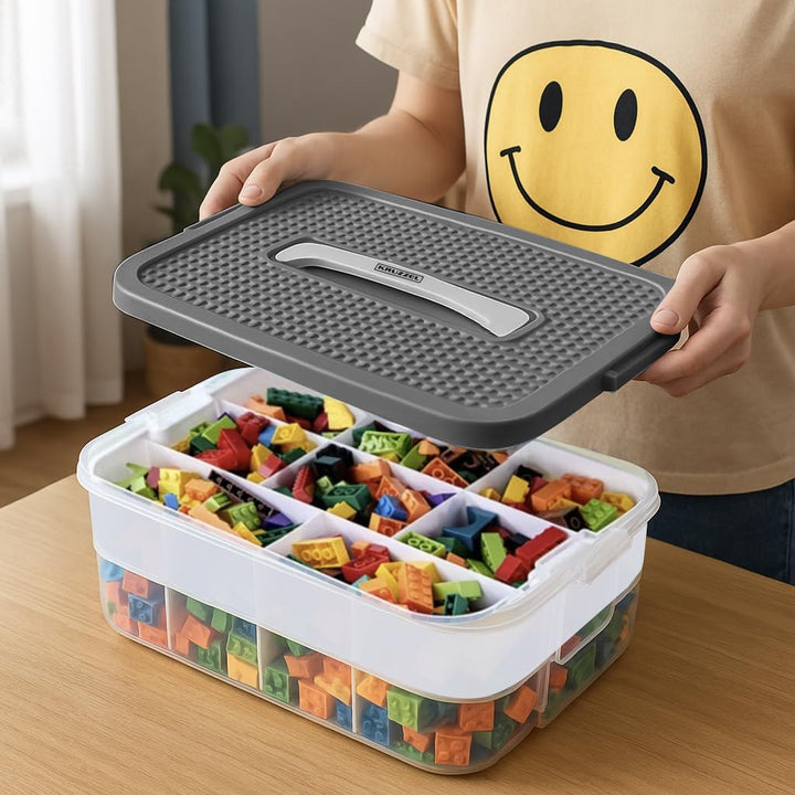 KRUZZEL Bausteine Aufbewahrungsbox 35L mit Griff & Trennwänden – 5 Etagen Stapelbox Transparent für