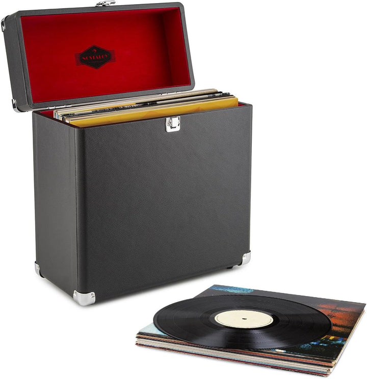 auna TTS6-BL - Schallplattenkoffer, Recordbox, Platten-Case, für 30 LP, Kunstleder, Retro-Design, In