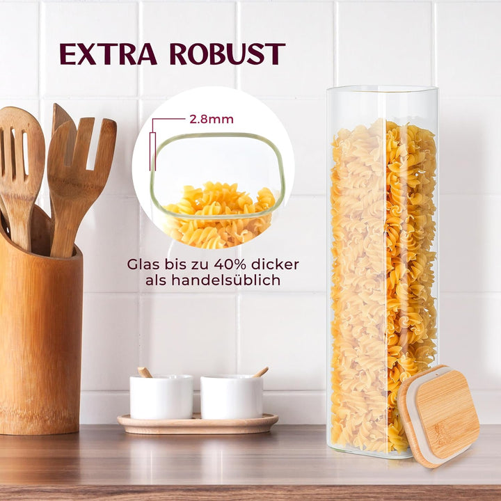 Happy Lemuro Premium Vorratsgläser mit Deckel Eckig [Extra Dickes Glas] 4 x 1,4l - Müsli, Spaghetti