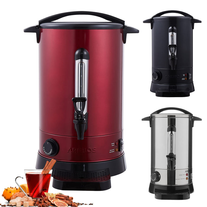Arebos Glühweinkocher 950 W | Heissgetränkespender | 8,8 L | mit Auffangschale, Auslasshahn, Thermos
