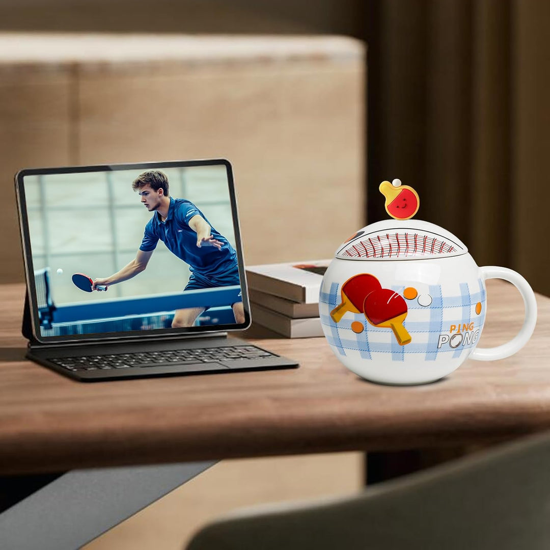 Lustige Tischtennis Kaffeetasse, Pingpong Keramik Becher, Ballform Cappuccino Tassen mit Deckel, Ges